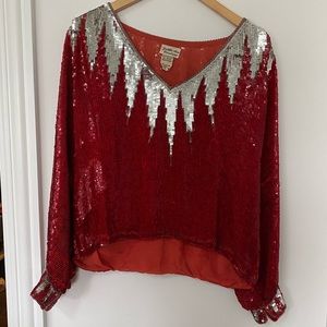 Red Silver Sequin Balloon Sleeve Party Blouse